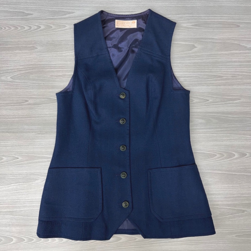 Vtg Pendleton Wool Vest Womens S Navy Blue‎ Herringbone Button Front USA Made